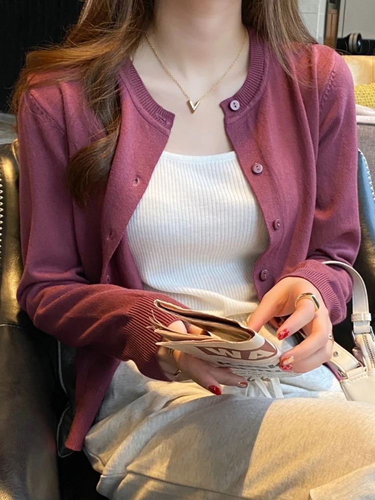 Women Korean Style Thin Knit Cardigan Early Autumn Round Neck Long Sleeve Slim Fit Black Sweater Outerwear