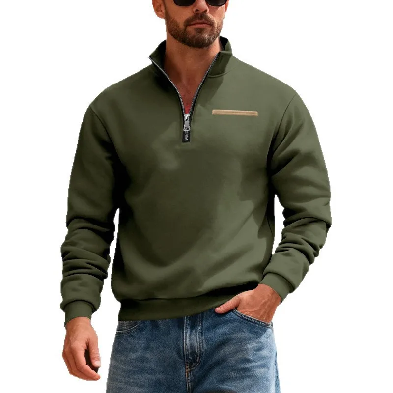 سويت شيرت رجالي شتوي من الصوف على الطراز الأمريكي، قميص رياضي خارجي دافئ وفضفاض مع ياقة واقفة مخططة بألوان متباينة