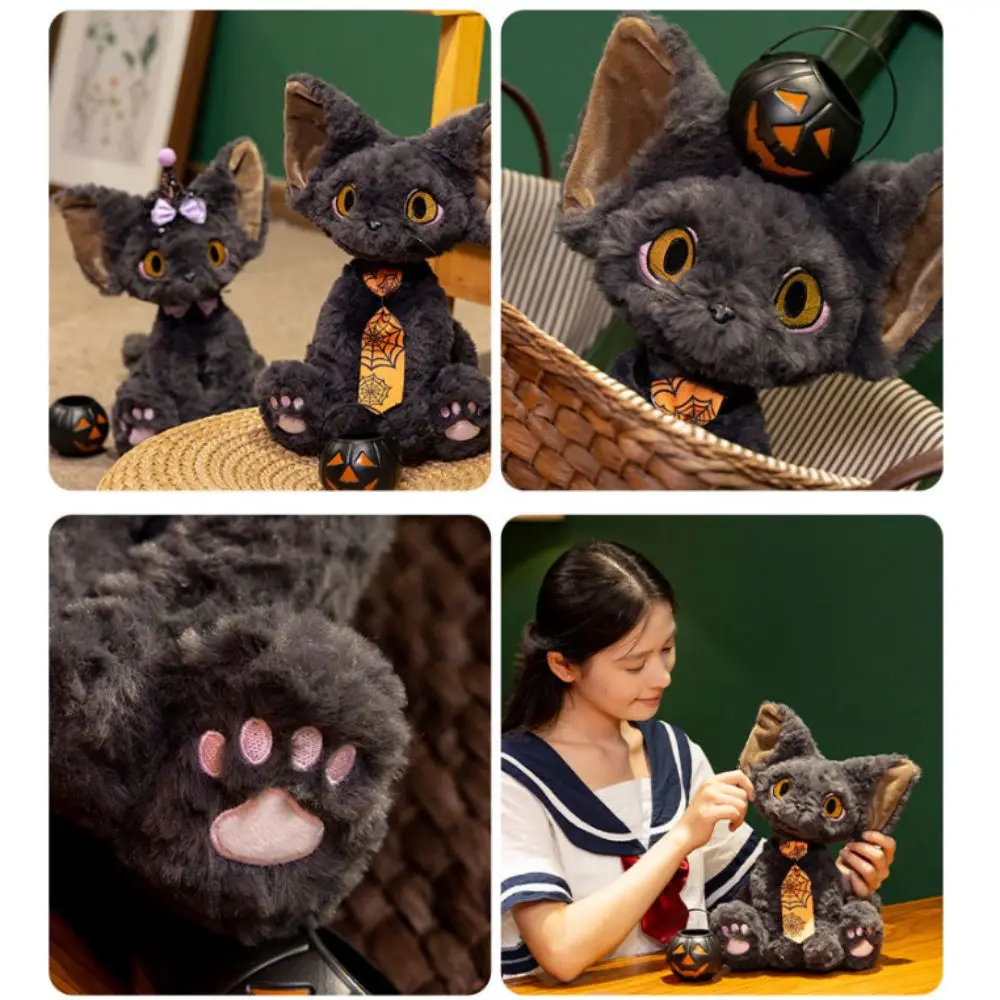 Juguete de peluche de gato Devon Rex estilo Halloween, cesta de calabaza, corbata de telaraña, muñeco de peluche de gato negro, 30cm, ojos grandes, almohada de Manta Devon Rex