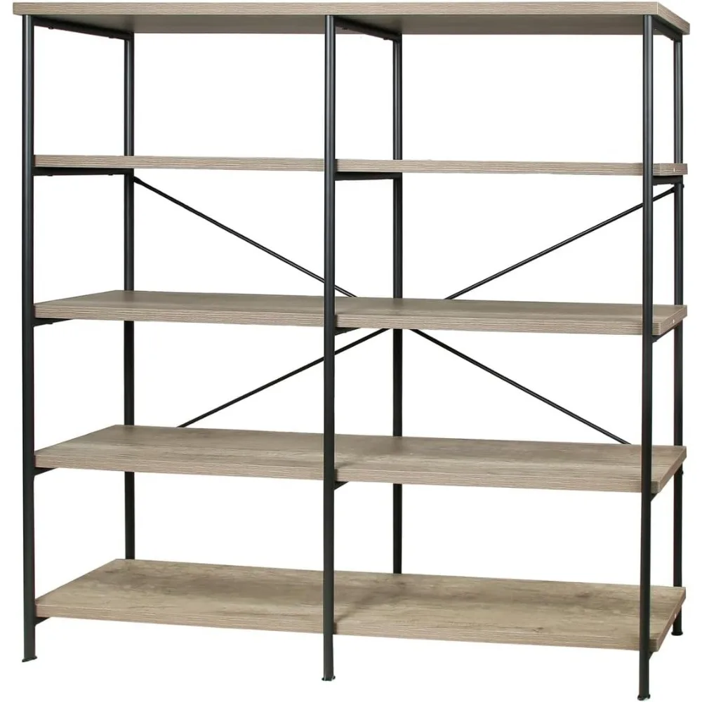 Bibliothèque double à 4 niveaux de style industriel rustique avec bois d'ingénierie écologique pour le bureau et le rangement à domicile