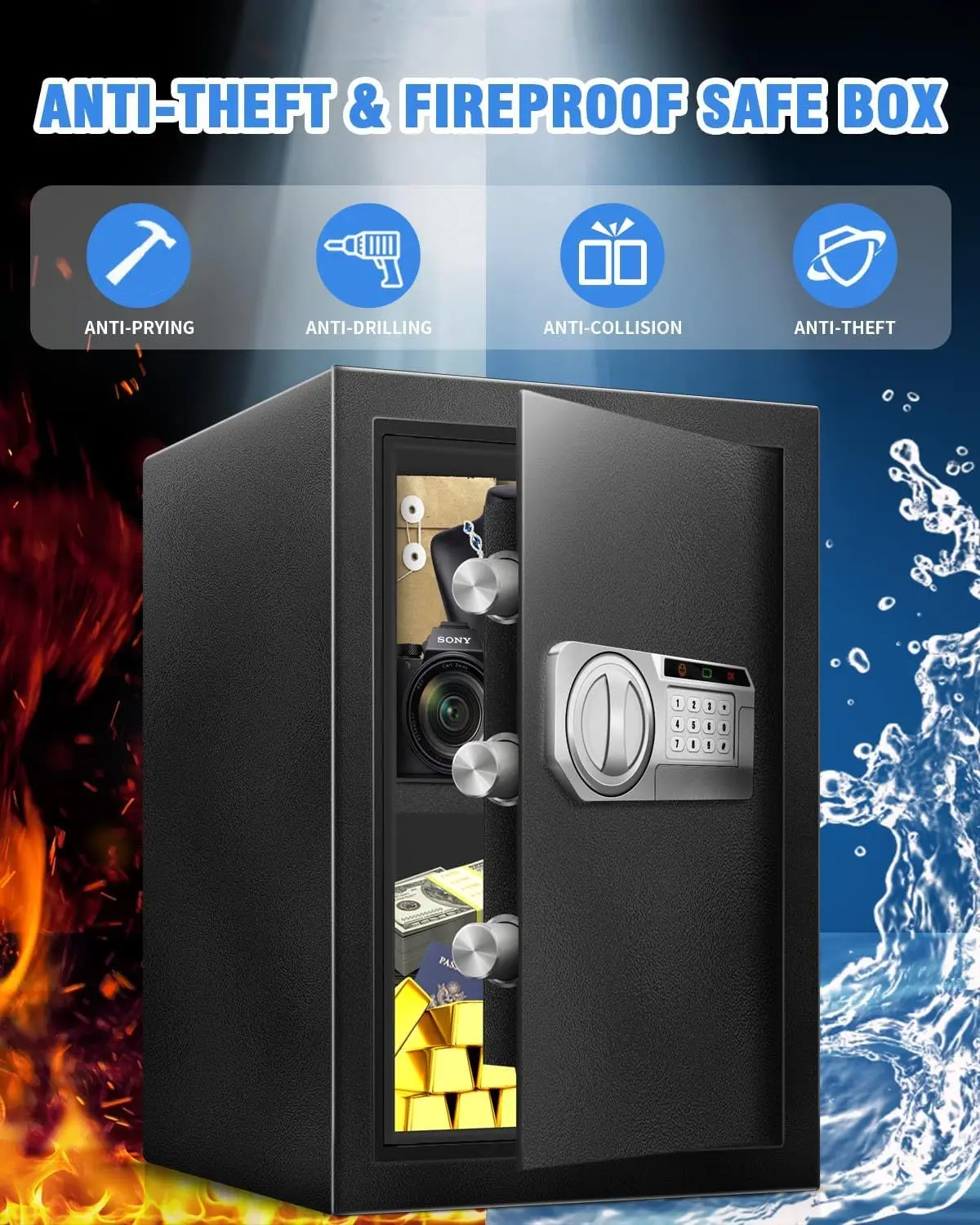 2.5 Cu Ft Safe Box for Home Documents -Steel Electronic Digital Safety Box Personal Security Lock Box with LED Sensor Light Exte