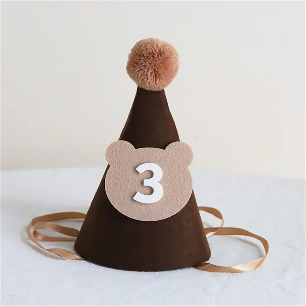 1Pcs Cute Bear Birthday Hat Brown Thick Non-Woven Bear Hat 1st 2nd 3rd Year Old Baby Cap The First One 2 3 Year Party Supplies