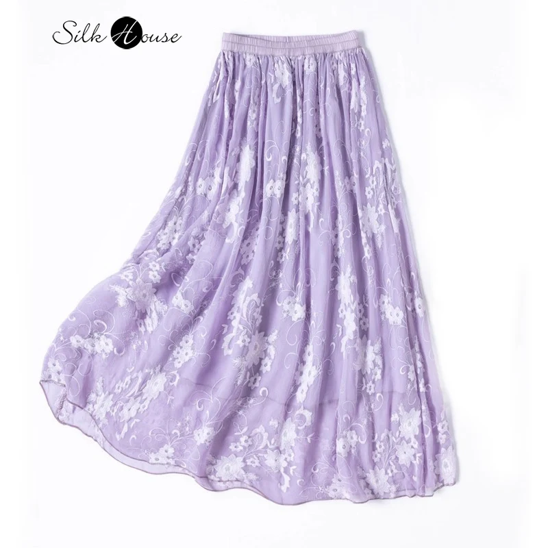 

Романтическая и элегантная фиолетовая тяжелая вышивка Таро из натурального шелка шелковицы с эластичной резинкой на талии, большая распашная двухслойная юбка