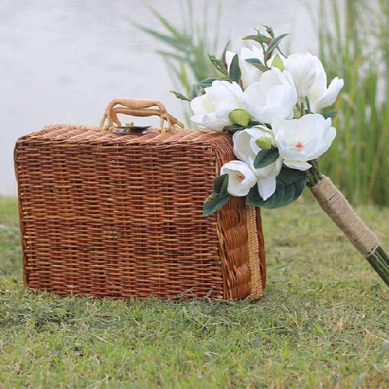 Cesta de mimbre tejida para Picnic, Maleta Vintage de almacenamiento, caja de almacenamiento de mimbre, cesta de lavandería B, 2 unidades