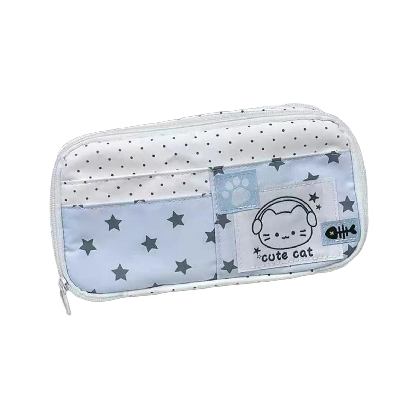 Federmäppchen mit Katzenmuster und blauem Polka-Dot-Design, Federtasche für Schüler, Schulbedarf, mehrschichtige Stifttasche mit großem Fassungsvermögen