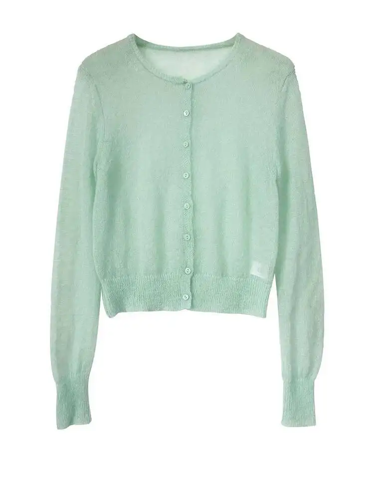 Thin Green Perspective Silm Knitting Cardigan Sweater Round Neck Long Sleeve Women New Fashion Spring Autumn2026 X6GW view 6