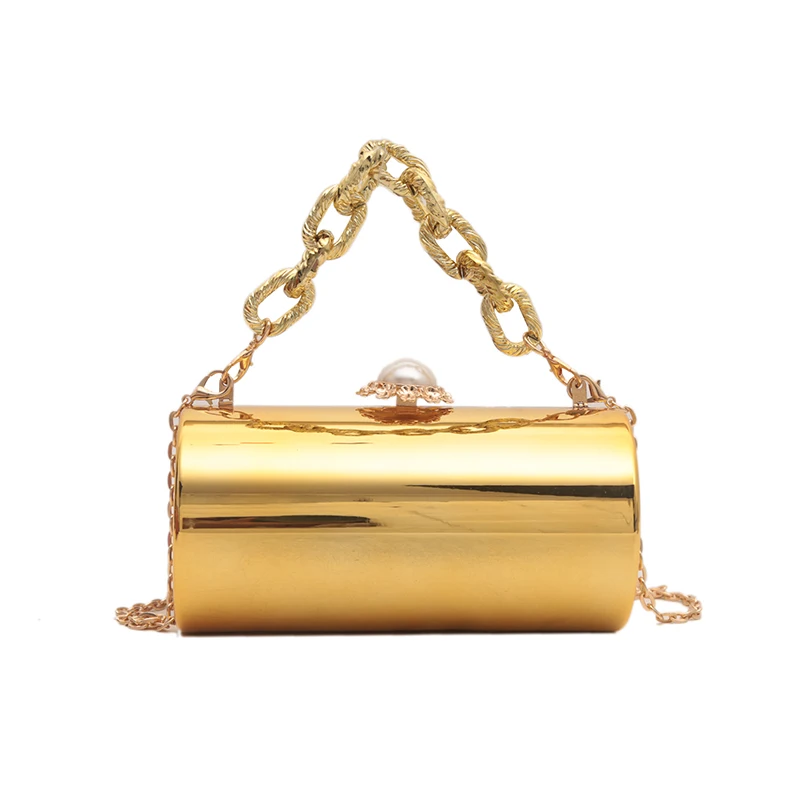 Cylinder Bag Evening Party Clutch Women\'s Golden Bag Cute Top Handle Bag Female Crossbody Sling Purse with Chain for Cocktail