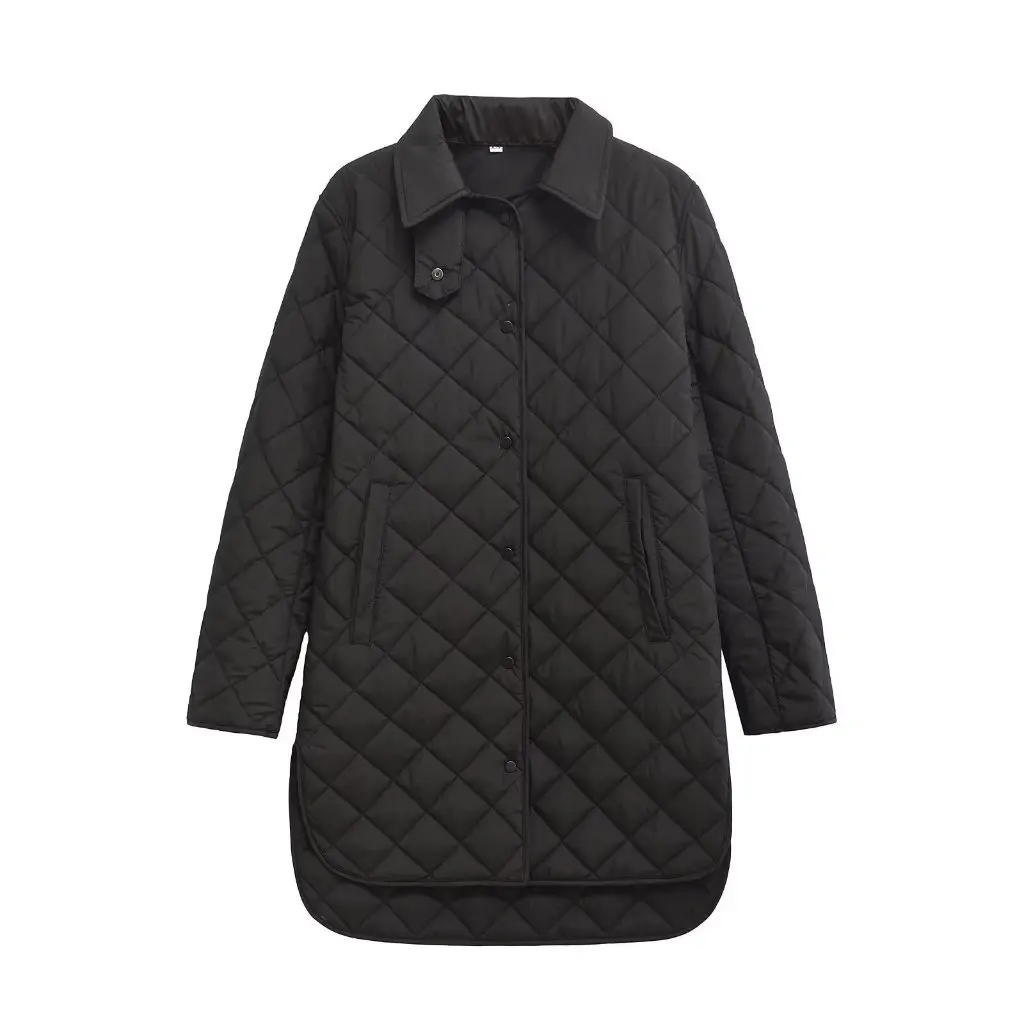

Nordic Niche Women's Loose Cocoon Coat Single-Breasted Quilted Rhombic Design Long Cotton Jacket for Autumn Winter