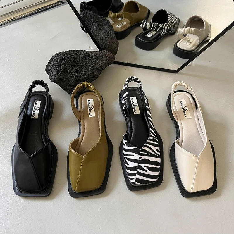 Sandalias Retro De Punta cerrada para Mujer, zapatos De tacón bajo, boca baja, punta cuadrada, moda De verano, novedad