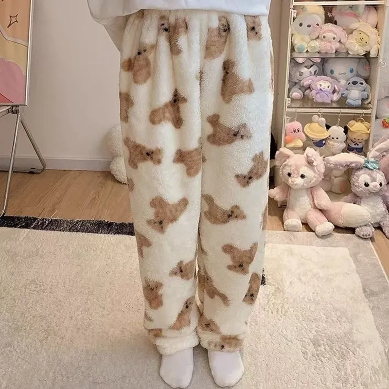 Cartoon Bear Teddy Pajamas Pants Fluffy Women Winter Warm Thick Sleepwear Trousers PJ Pants Christmas Kawaii Flannel Homewear