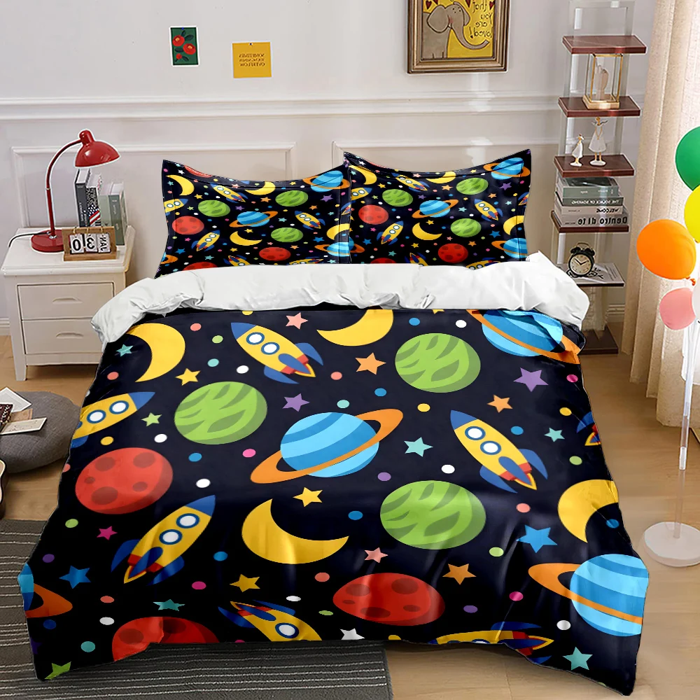 Space-themed with rockets and planets Print Bedding Set 1 Duvet Cover 2 Pillowcases for Adult and Children Luxury Gift Full Size