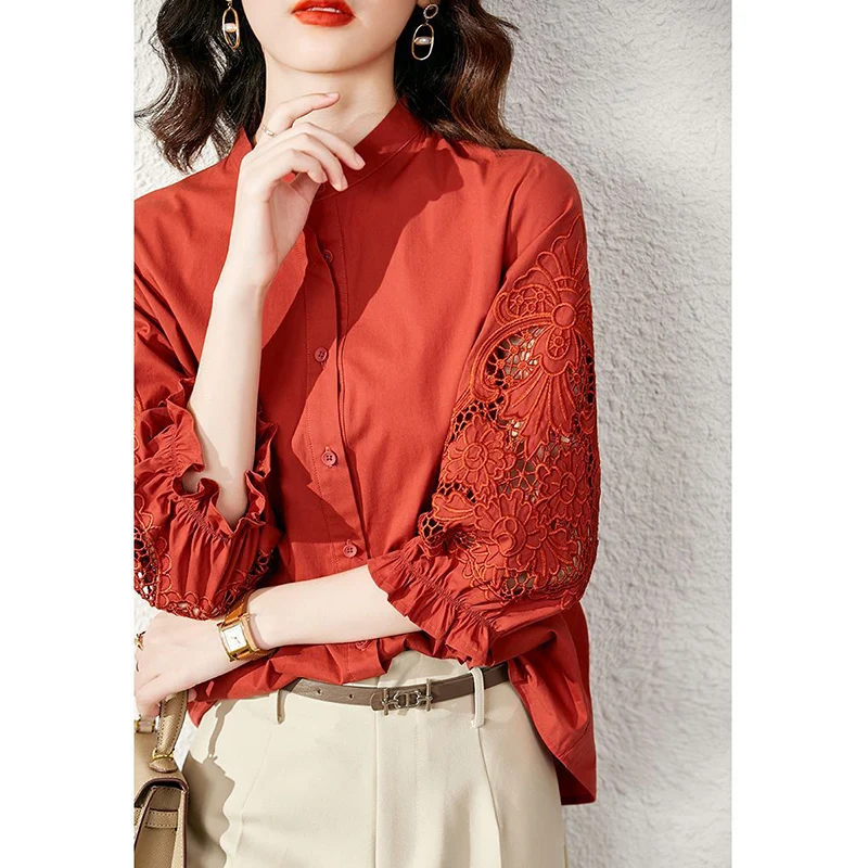 Summer New Stand Collar Embroidery Hollow Out Shirt Female Solid 3/4 Sleeve All-match Tops Women Buttons Casual Fashion Blouse