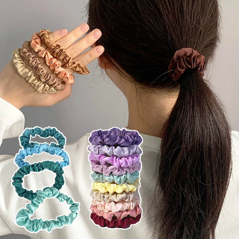 10Pcs/pack Colorful Satin Silk Scrunchies Elastic Hair Bands Small Hair Rope Hair Accessories Ponytail Holder Fashion Headwear