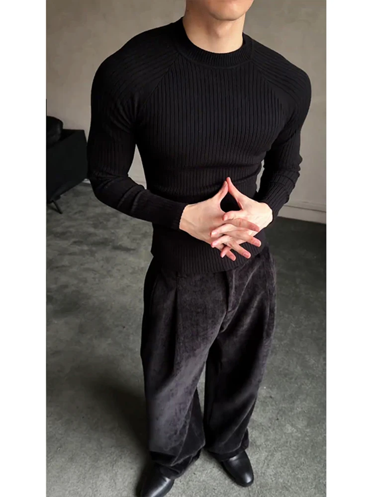 

Bla Texture Knitted Sweater Men's Fitn Spor round Ne Elastic Inner irt Top for Autumn Winter Slimming Effect