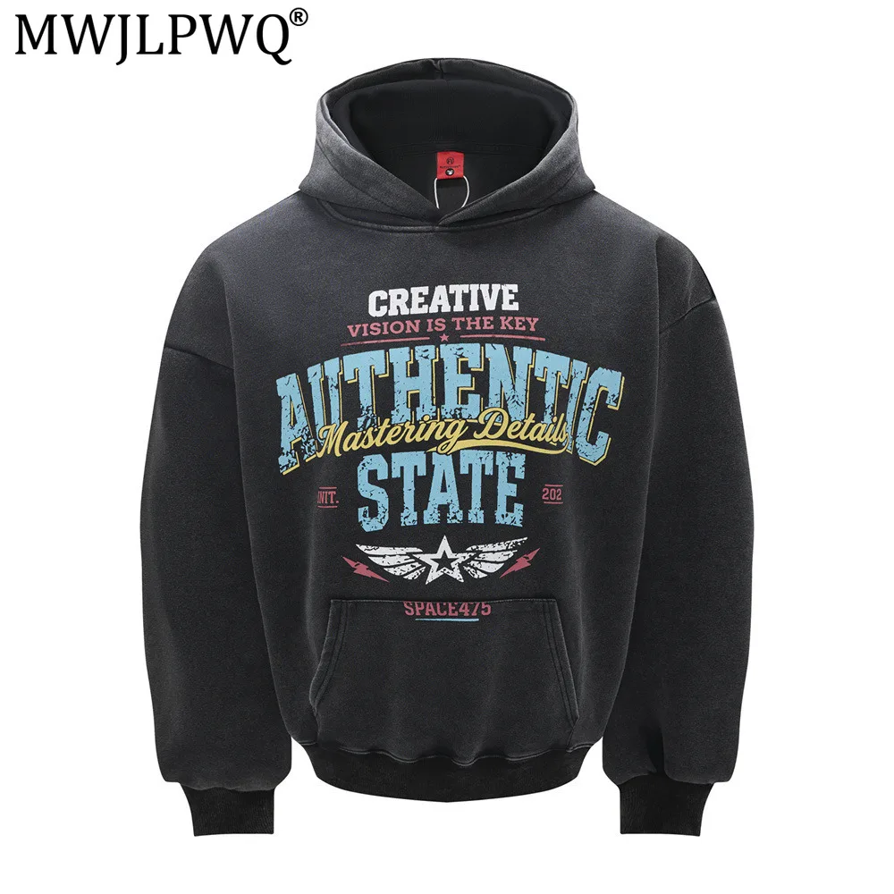 MWJLPWQ American Retro Letter-Printed Pullover Hoodie For Men Spring Autumn Street Style Heavyweight Distressed Casual Top 17636