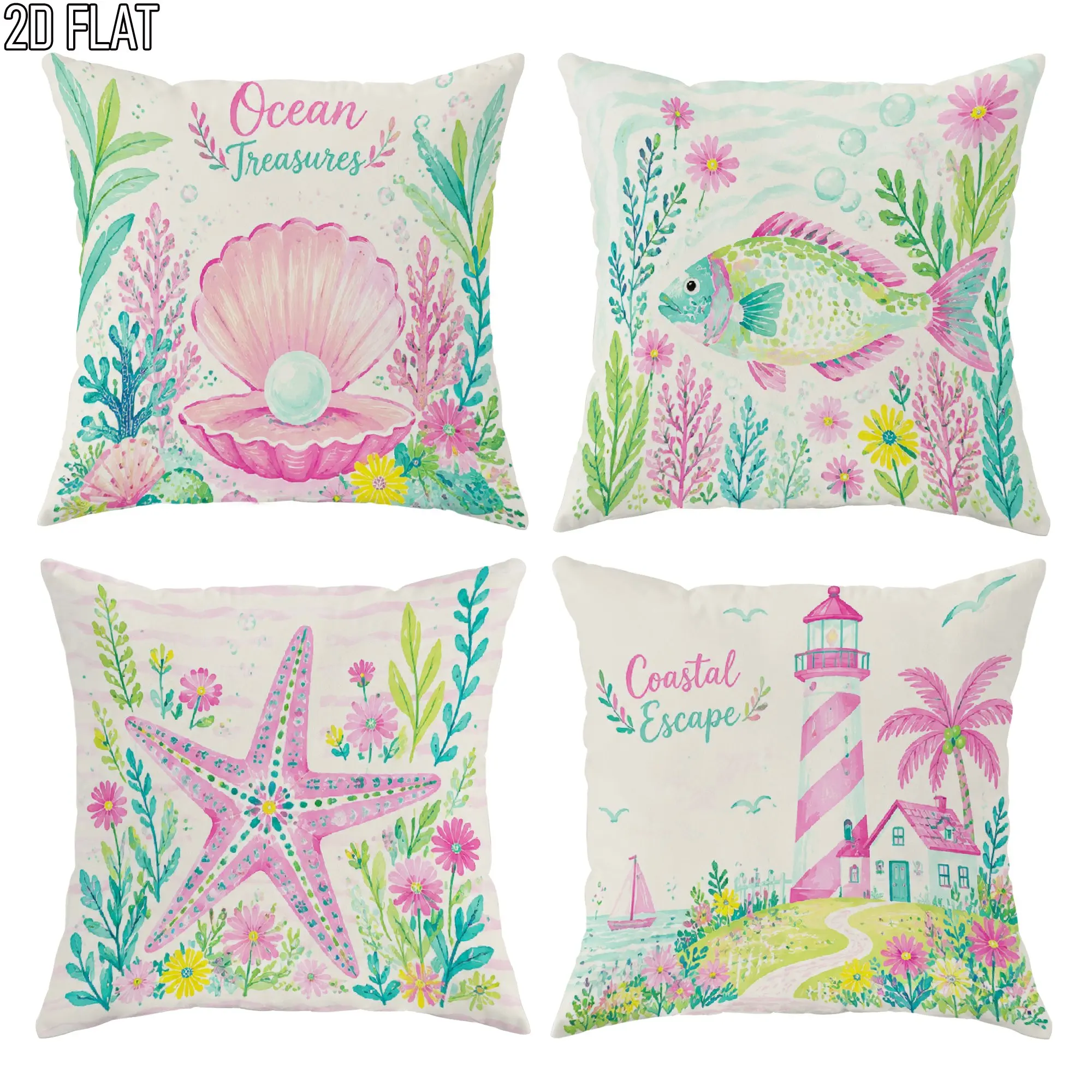 Set of 4 Pillowcases Coastal Beach Ocean Throw Pillows Nautical Seascape Sea Star Decoration 45x45cm Home Decor