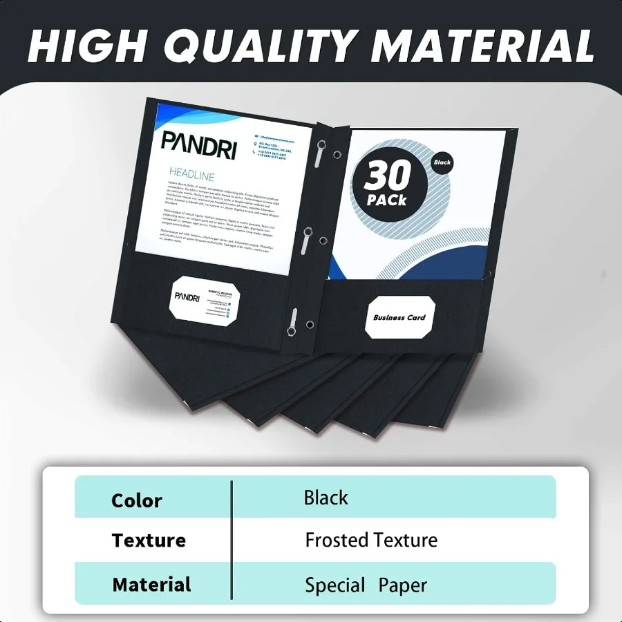 Cartelle a due tasche Confezione da 30 Cartelle a due tasche con punte Cartelle a 3 poli progettate per ufficio e aula Dimensioni lettera Nero