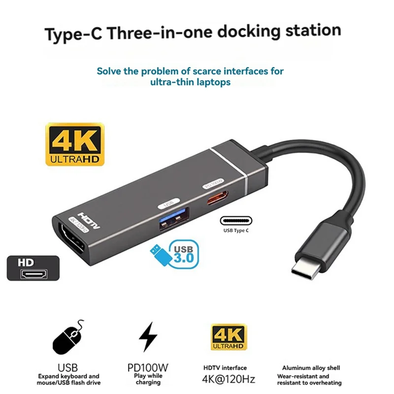 L52A-Type-C HUB Docking Station Type-C To -Compatible Converter(4K/120Hz) PD100W USB-A Port For HDTV USB-C Splitter For PC