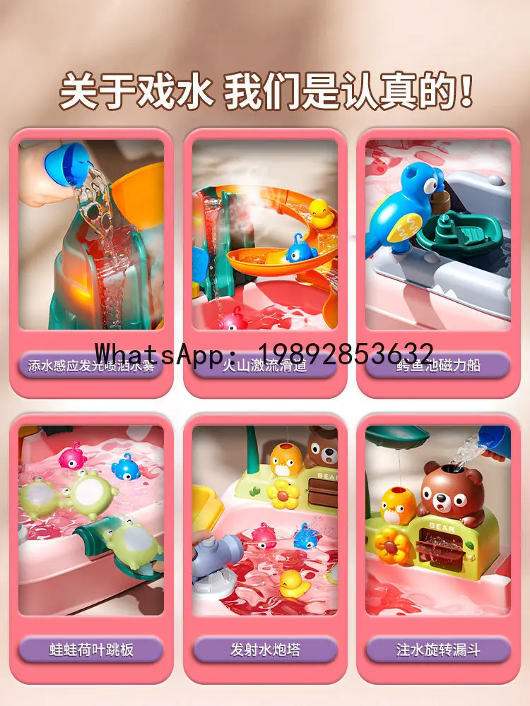 Brinquedo de Cozinha Infantil com Lava-Louças, Piscina de Água para Bebês, Parque Aquático com Circulação de Água, Casa de Brincar de Verão