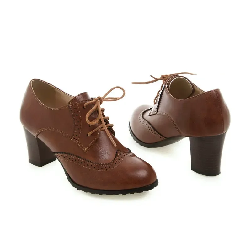 Brown Gray Olive Brogue Design Lace-up Vintage Retro Lady Pumps Office Block High Heeled Women Shoes Closed Toe Pumps Spring