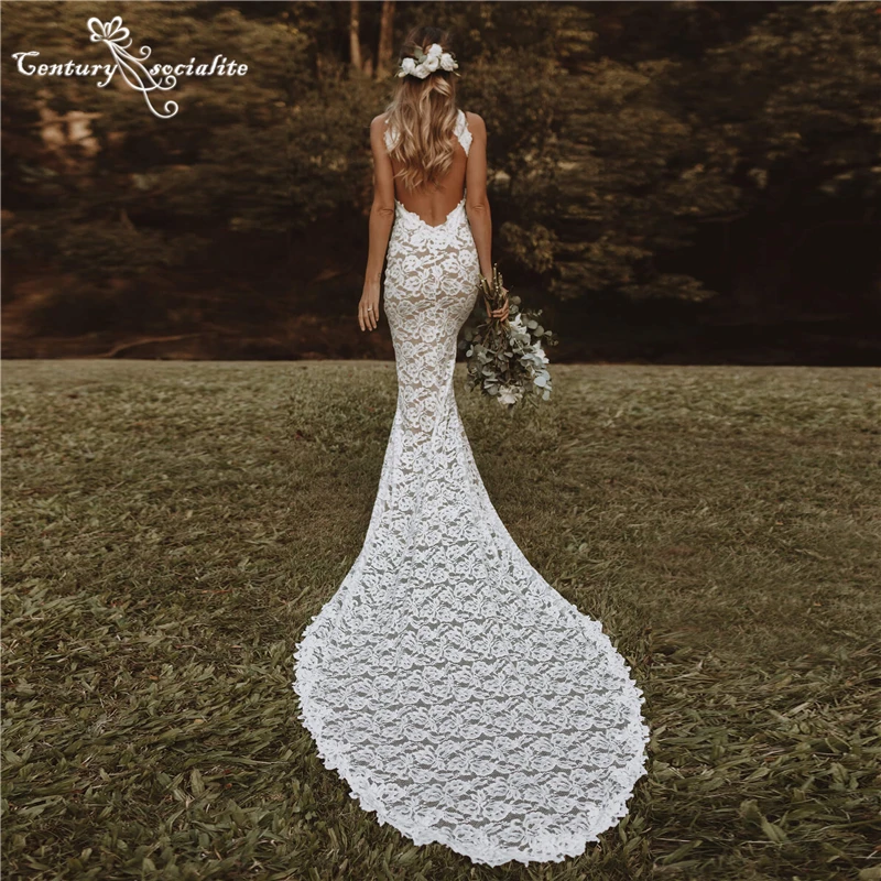 

Boho Wedding Dress for Women 2025 Bride Halter Neck Backless Slit Lace Mermaid Bridal Gowns Robe De Mariage Customized