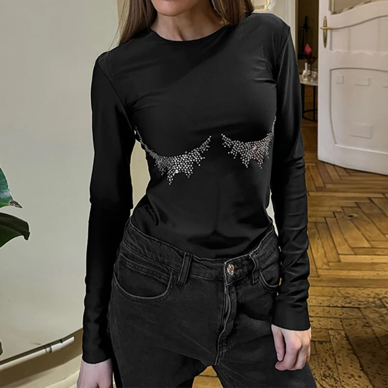 

OMSJ Sexy Fashion Rhinestone Decorative Elastic Long Sleeved Pullover Slim Fit Crew Neck Women's T-shirts Casual 2025 Streetwear