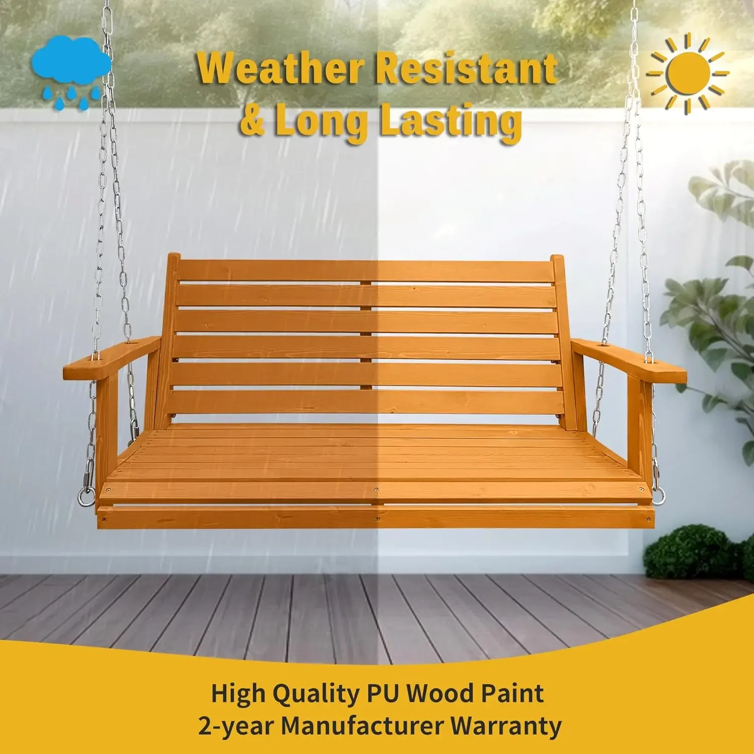 

Wooden Porch Swing, Ergonomic Seat, Bench Swing with Hanging Chains and 7mm Springs, Heavy Duty 800 LBS