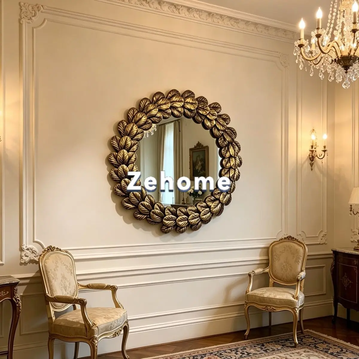 Feather mirror, dresser, makeup mirror, round mirror, French bedroom, retro wall, wall-mounted outer diameter 70 cm