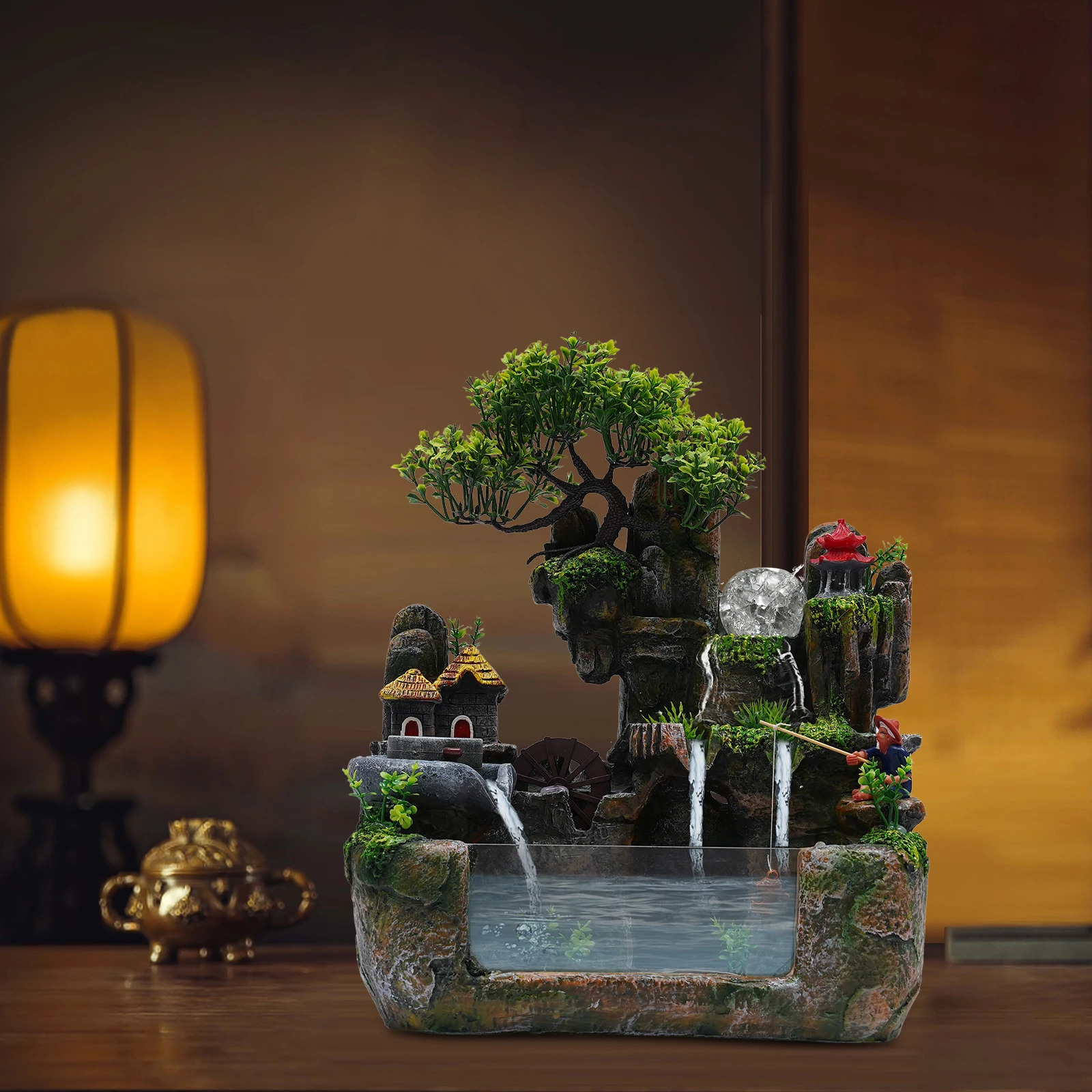 110V Resin Desktop Rockery Water Fountain Built-in Atomizer, Indoor Feng Shui Cascading Waterfall Ornament for Office Corridor Decoration
