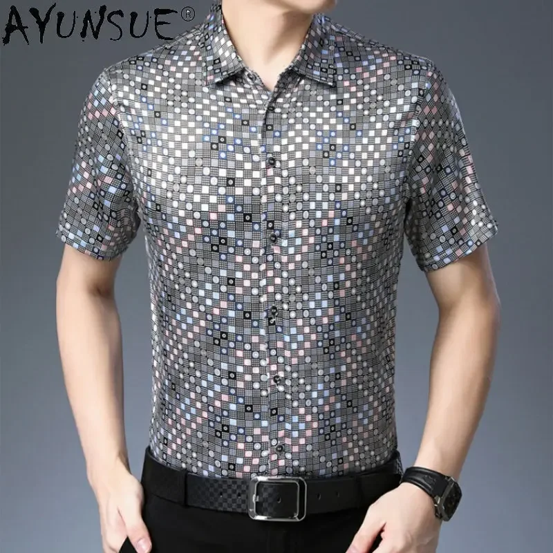 

AYUNSUE Real Mulberry Silk Short Sleeved Printed Shirt for Men's Summer Silk Satin Top Shirt Linen Shirt Men's Clothing Camisa