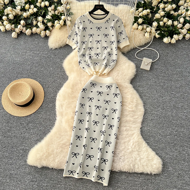 

Newest Summer Knitting Suits O Neck Basic Tops+High Waist Sheath Long Skirt Bow Print Chic Casual Women 2pcs Sets
