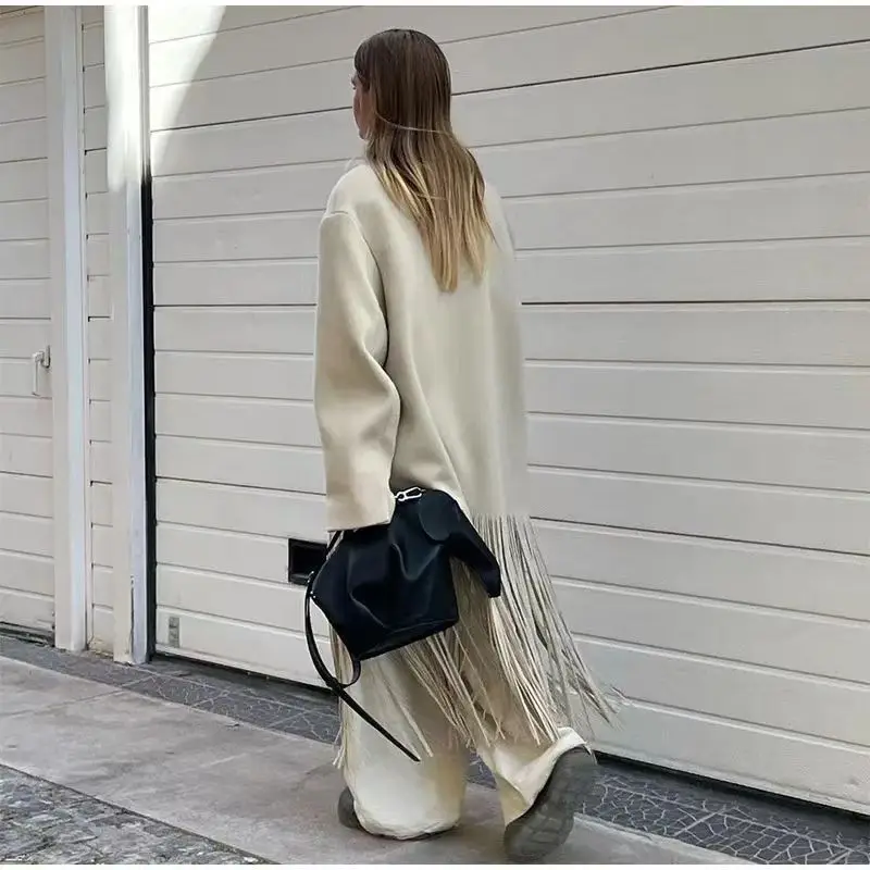 Gabardina de lana con borlas para mujer, abrigo elegante con cuello vuelto, chaqueta de manga larga y bolsillo, moda urbana, Otoño, 2024