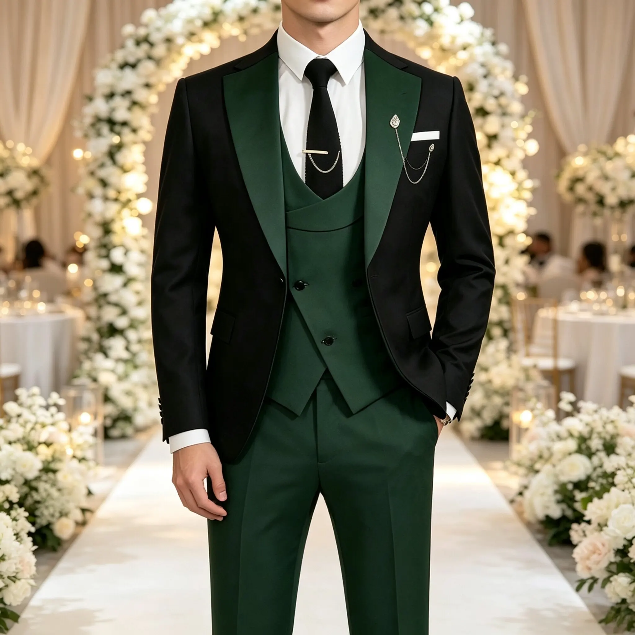 Herren zweifarbiger lässiger 3-teiliger Anzug, Slim Fit, einreihiger Blazer, Weste, Hose, modisches Outfit für Dates, Treffen und Streetwear – Detail 4
