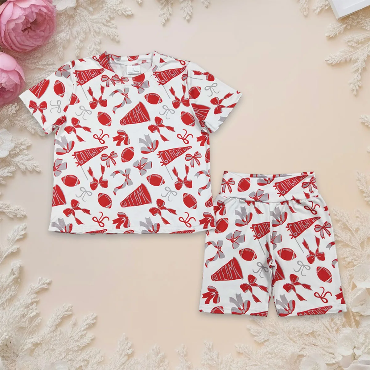Baby Girl Short Sleeve Red Grey Bow Footballs Tops Go Team Shorts Toddler Pajamas Set Cute Comfortable Loungewear 2Pcs Sets