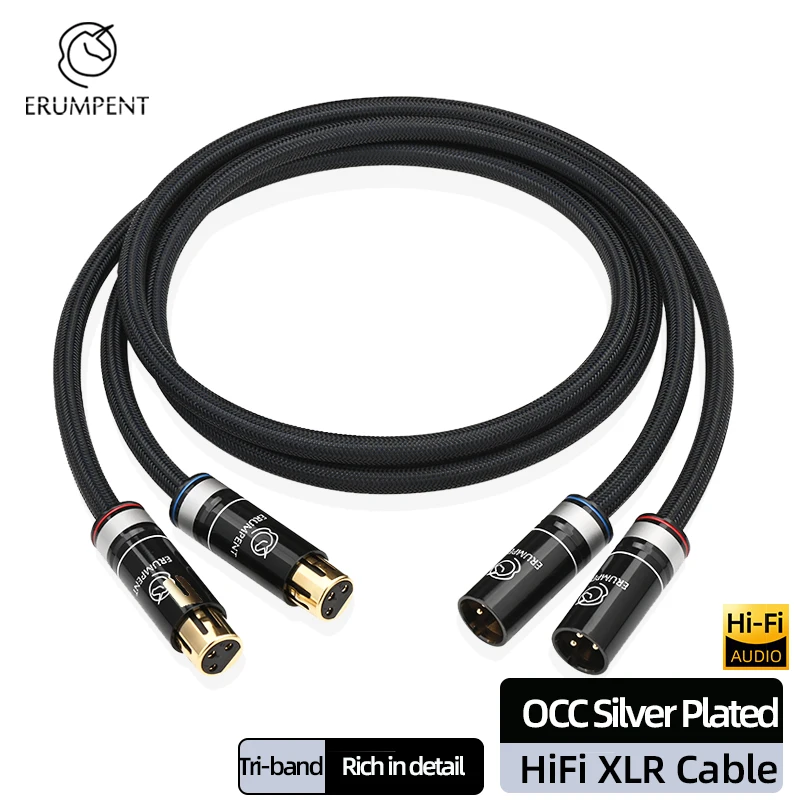 ERUMPENT One Pair XLR Microphone Audio Cable OCC Silver Conductor 3 Pin Balanced 2XLR Speaker Cable Male to Female Cable