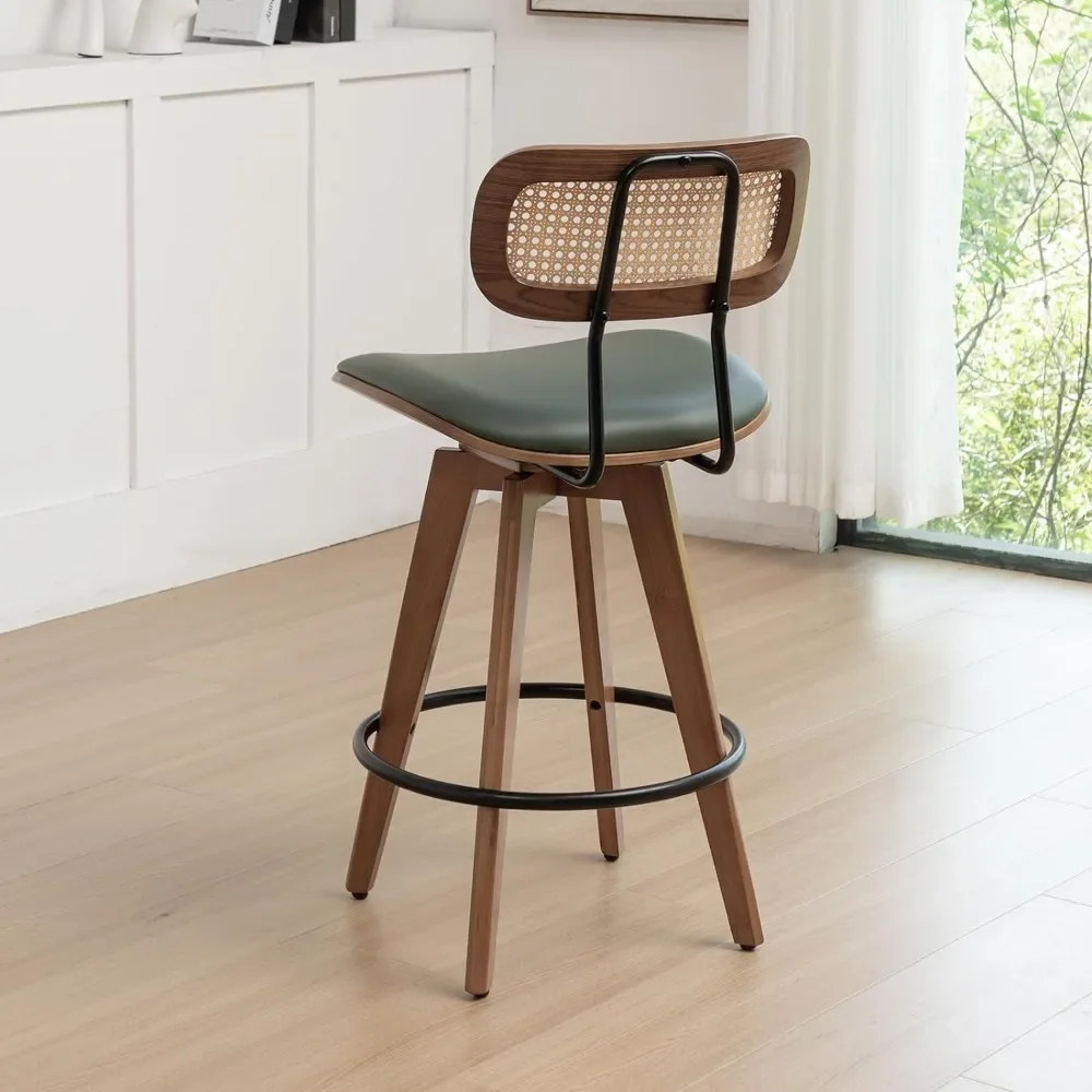 Set of 2, Faux Leather Counter Height Swivel Barstools with Rattan Backrest/Wooden Legs,Armless Mid Century Modern Bar Chairs