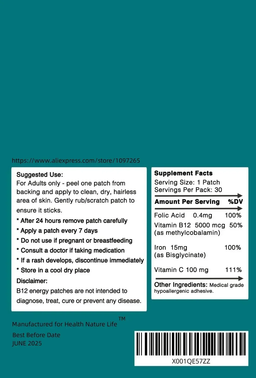 B12 5000 mcg + Iron (Bisglycinate), Vitamin C, Folic acid (30 days supply)