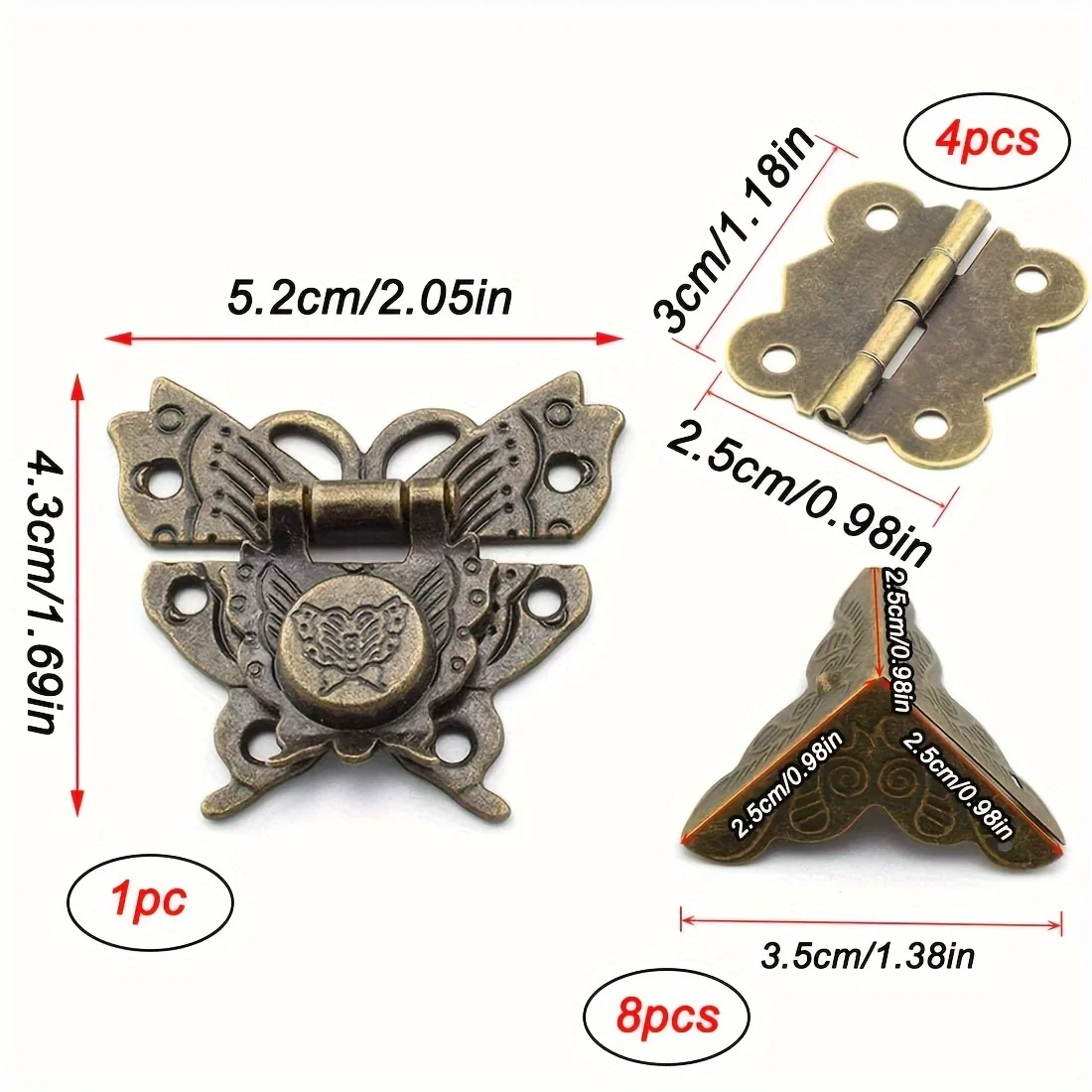 13pcs Antique Jewelry Box Latch Buckle Hinges and Corner Protectors Assortment Kit Retro Bronze Butterfly-Shape Hasp