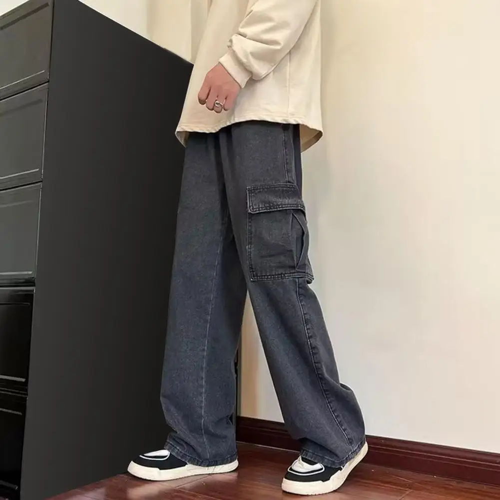 

Men Casual Trousers Versatile Men's Wide Leg Cargo Pants Stylish Drawstring Elastic Waist Full Length with Pockets for Casual