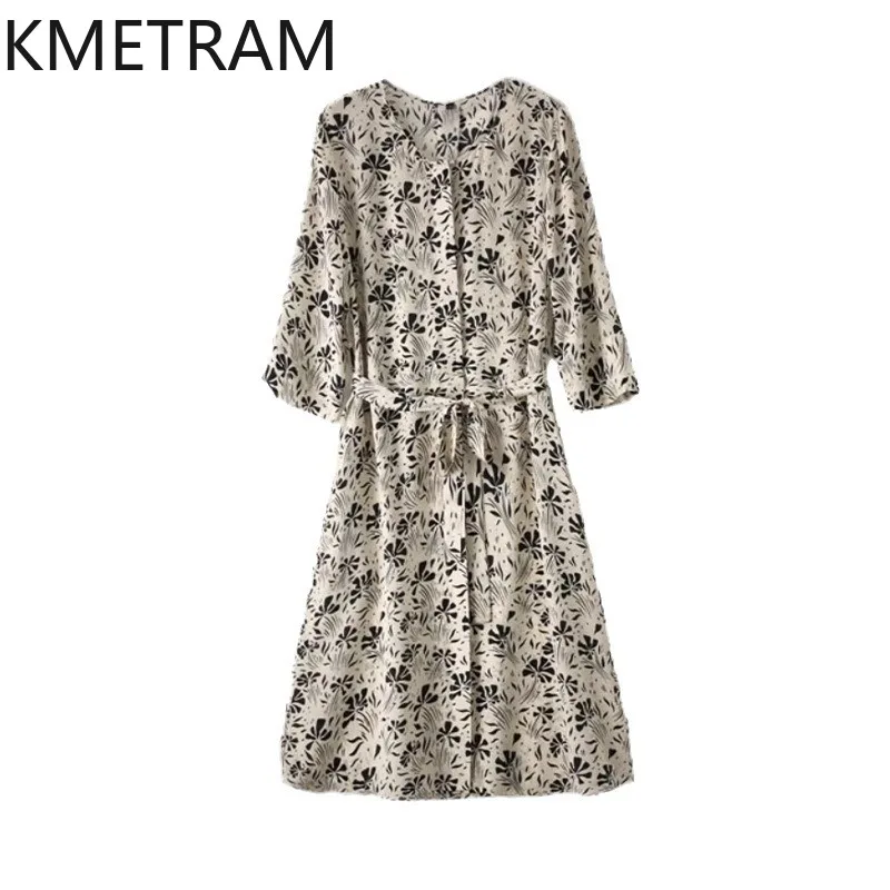 

KMETRAM Mulberry Silk Tea Break French Dresses for Women 2024 Summer Round Neck Printed Dress Mid Long Women's Clothing Vestidos