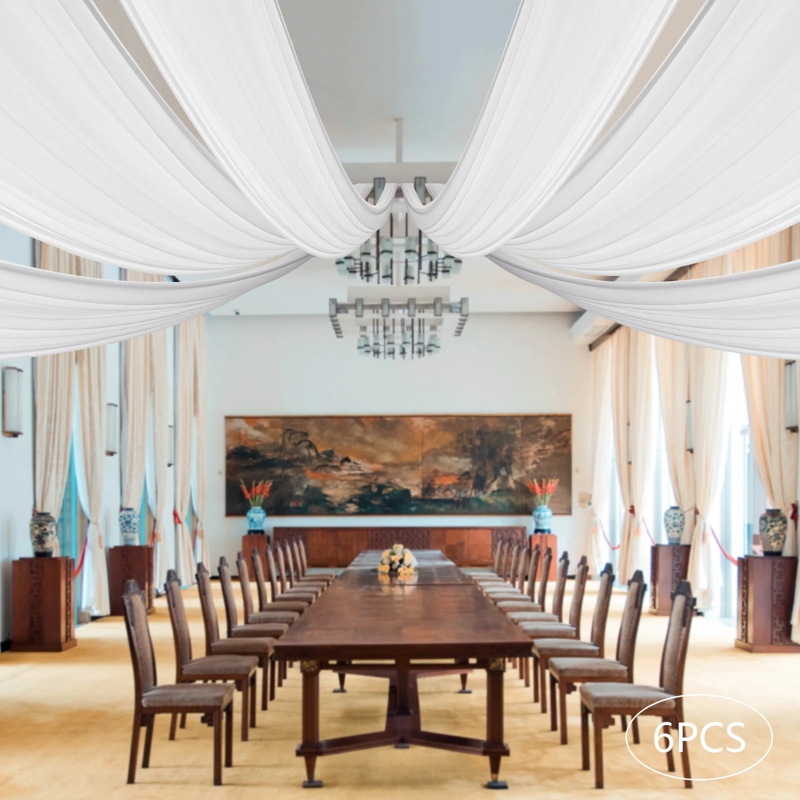

High-Quality White Chiffon Ceiling Drapes, 6 Panels (5*30 Feet Each), Perfect for Weddings, Birthdays, and Elegant Party