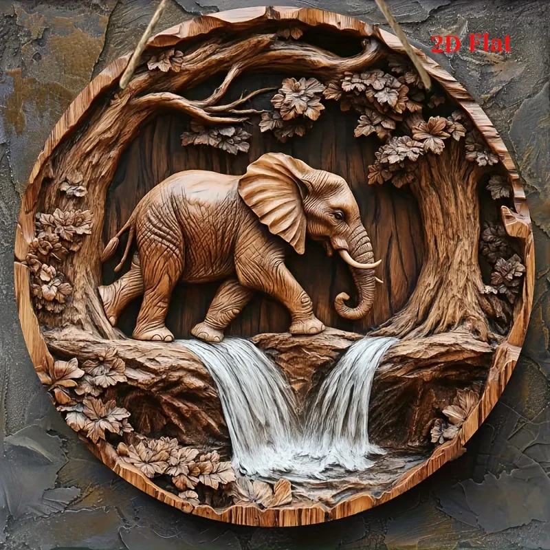1pc Rustic Wooden Elephant Wall Art - 8x8 Inch Circular Relief Sculpture with Waterfall & Floral Design, Handcrafted Recycled Wo