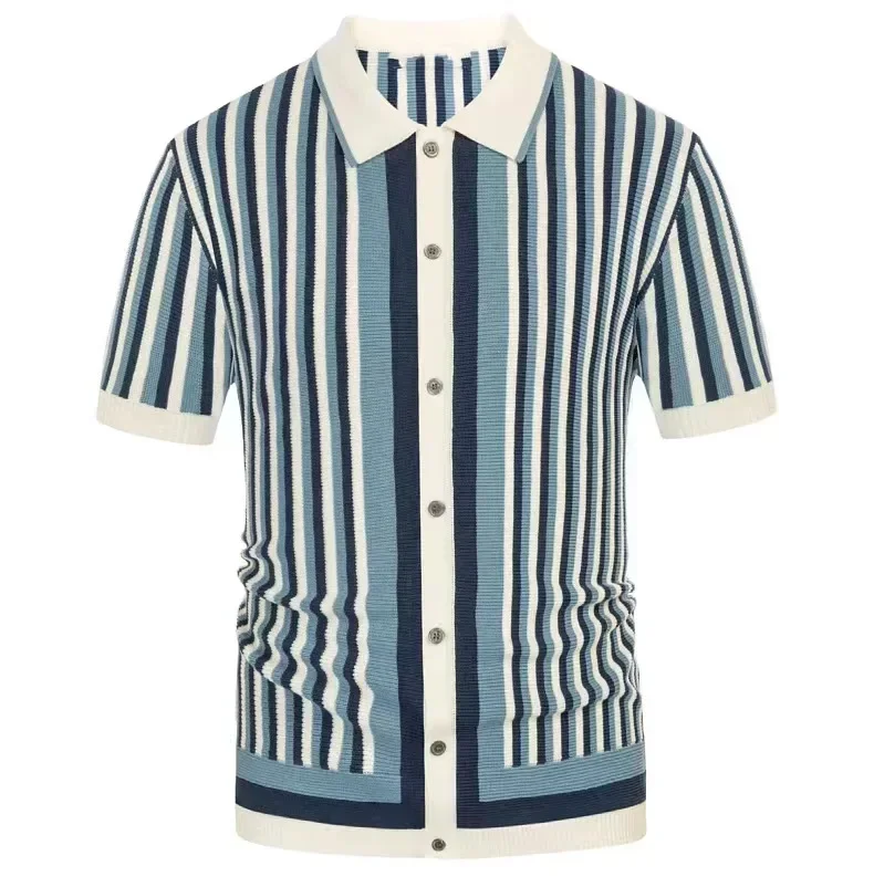 Summer Men\'s Luxury Knitted Polo Shirts Casual Vintage Button Lapel Shirts Striped Splicing Color Short Sleeve Leisure Knitwear