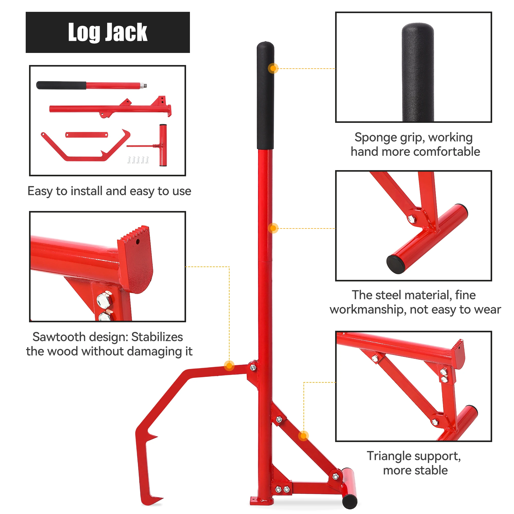 أداة دوارة طويلة مقاس 51 بوصة، خطاف من الفولاذ شديد التحمل للسجلات، رافع سجل قابل للتعديل مع مقبض غير قابل للانزلاق مقاس 11 بوصة
