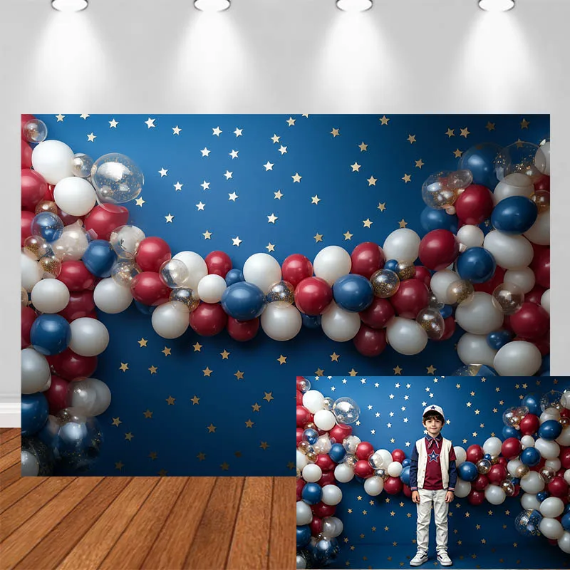 

LS Independence Day Photography Background Red White Blue Curved Balloon Garland Decor Adult Kids Portrait Photo Backdrop Studio