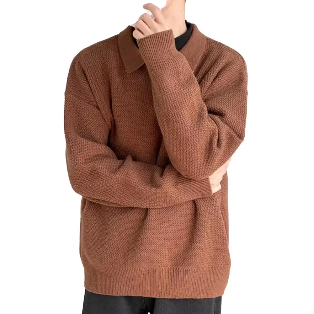 Solid Color Men Sweater Men's Loose Fit Knitted Sweater Lapel Long Sleeve Pullover for Autumn/winter Solid Color Knitwear