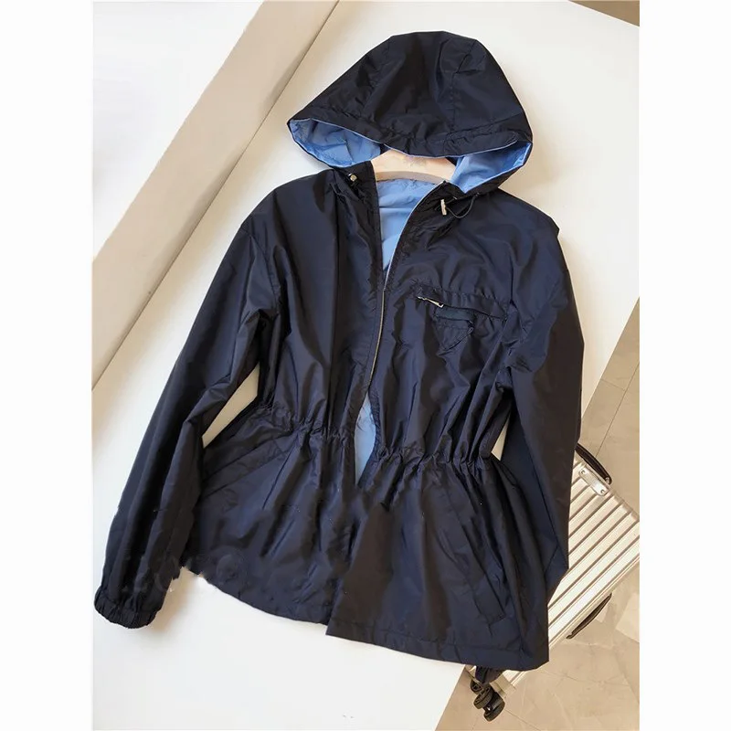 

Двусторонний носимый женский утягивающий тонкий плащ с капюшоном на молнии, новинка 2025, весенне-осенняя куртка с капюшоном, легкая