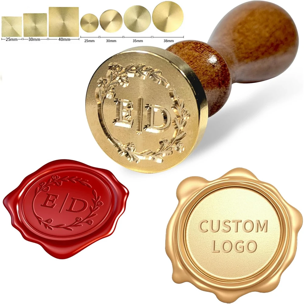 Sello de Cera Personalizado, Kit de Sello de Cera con Logotipo de Letras, Cabezal de Sellado de Cera Redondo/Cuadrado de 25/30/40/50 mm para Bodas