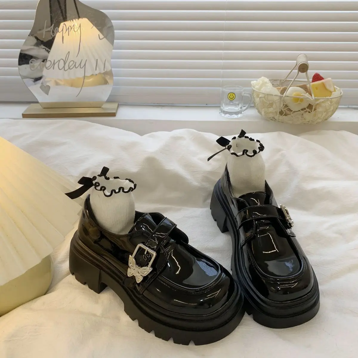 

Women's Small Black Leather Loafers 2025 Spring New Arrival Thick Sole Chunky Heel Round Toe British Japanese Style Slip On