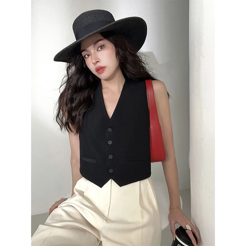 MEXZT Elegant Cropped Blazer Vest Women Vintage Black Suit Waistcoat Jackets Korean White Sleeveless Coat V Neck Outwears Tops